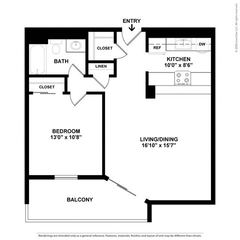 Floor plan for 1 bed, 1 bath, 655 sqft
